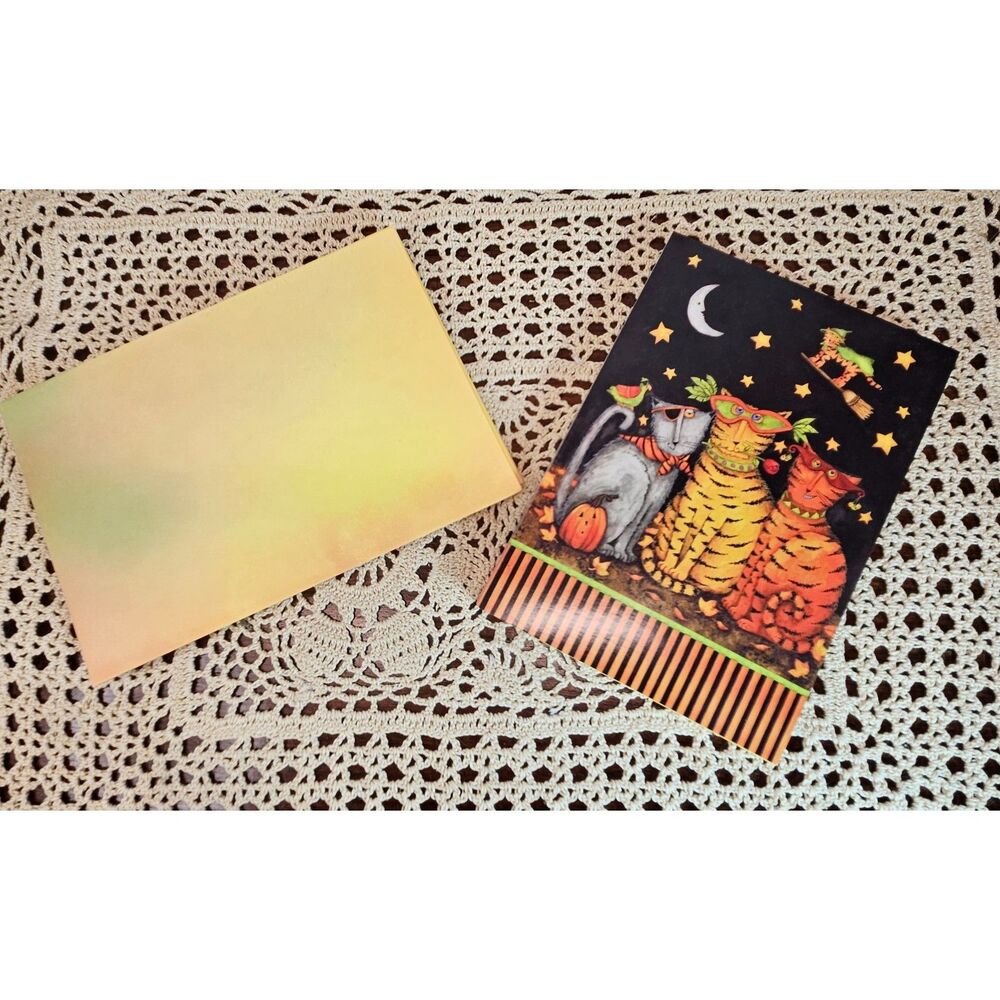 Pack of 14 "Flying Cat on Broom..." Halloween Greeting Cards & Envelopes 5" x 7"